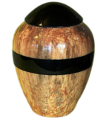 Urn made of maple wood with black lid and black stripe around center of urn