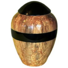Urn made of maple wood with black lid and black stripe around center of urn